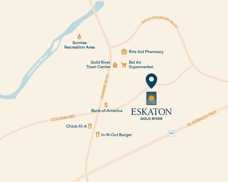 Simple map featured on the Homepage shows Eskaton Gold River’s location near landmarks like Gold River Town Center, Rite Aid Pharmacy, Bel Air Supermarket, Bank of America, Chick-fil-A, In-N-Out Burger, and Sunrise Recreation Area.