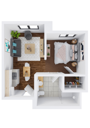 A 3D floor plan of a small apartment featuring a living area with a sofa, TV, and rug, a bedroom with a bed and nightstands, a kitchen and dining table, a bathroom, and a closet. Hardwood and tiled floors are visible.