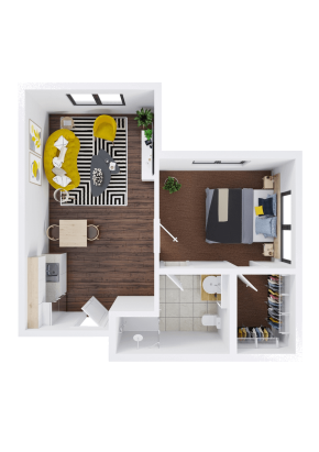 A top-down view of a small apartment floor plan in Eskaton Gold River independent living, featuring a living area with yellow furniture and a black-and-white rug, plus a kitchen, bathroom, bedroom with side tables, and a walk-in closet.