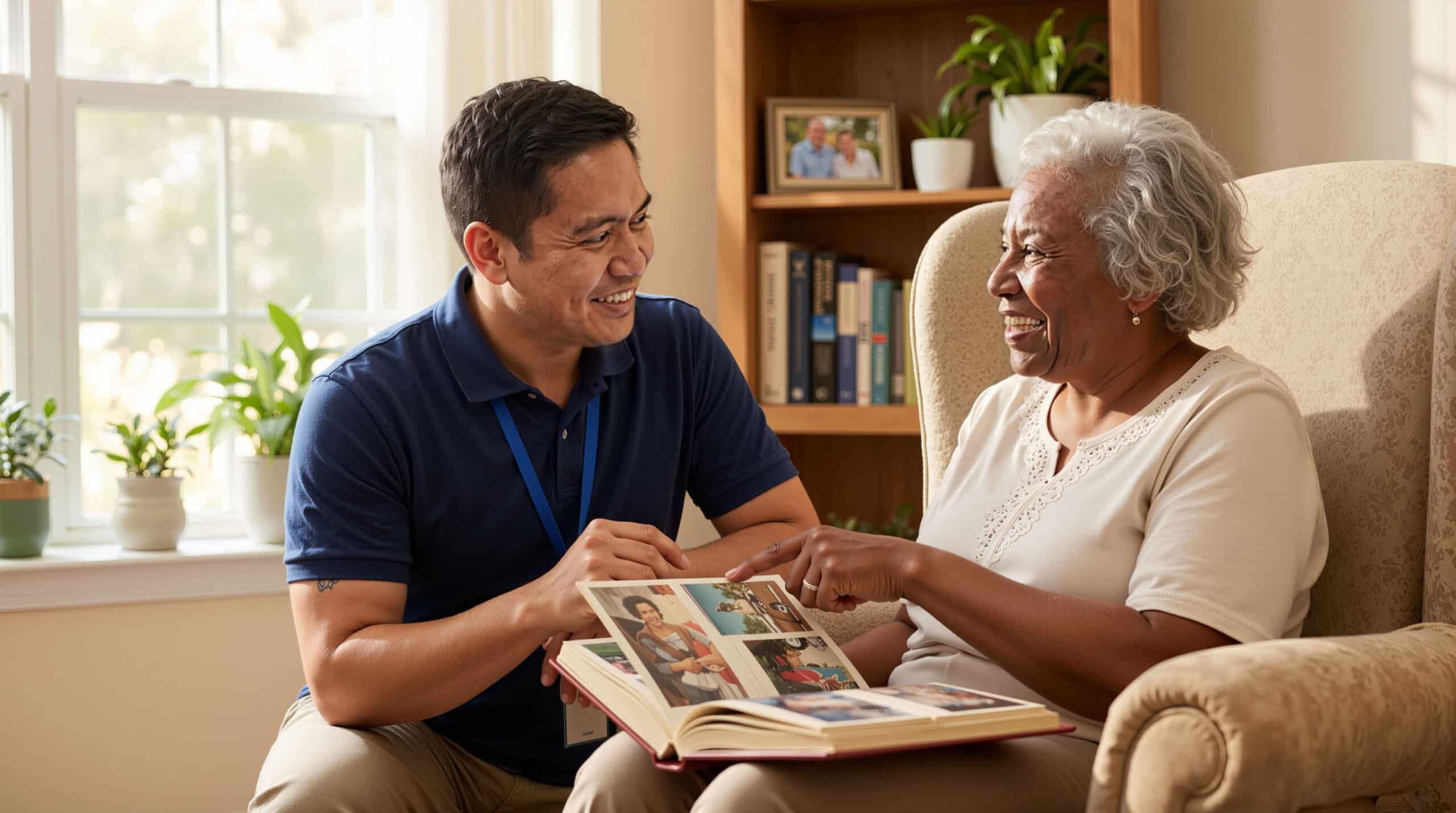 A smiling elderly woman and a younger man sit together in a cozy living room, looking at a photo album and sharing a joyful conversation about memories from a recent job fair. Sunlight streams through the window, with plants on the windowsill.
