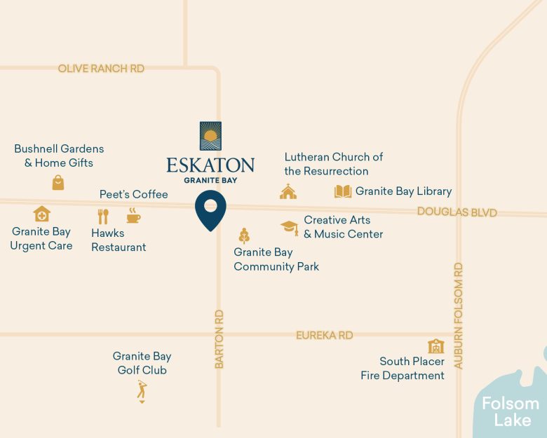 Map showing central Granite Bay, California, with landmarks such as Eskaton Granite Bay—a premier retirement community in Sacramento—along with parks, churches, a library, shops, a golf club, and nearby main roads: Olive Ranch Rd, Douglas Blvd, Barton Rd, and Eureka Rd.