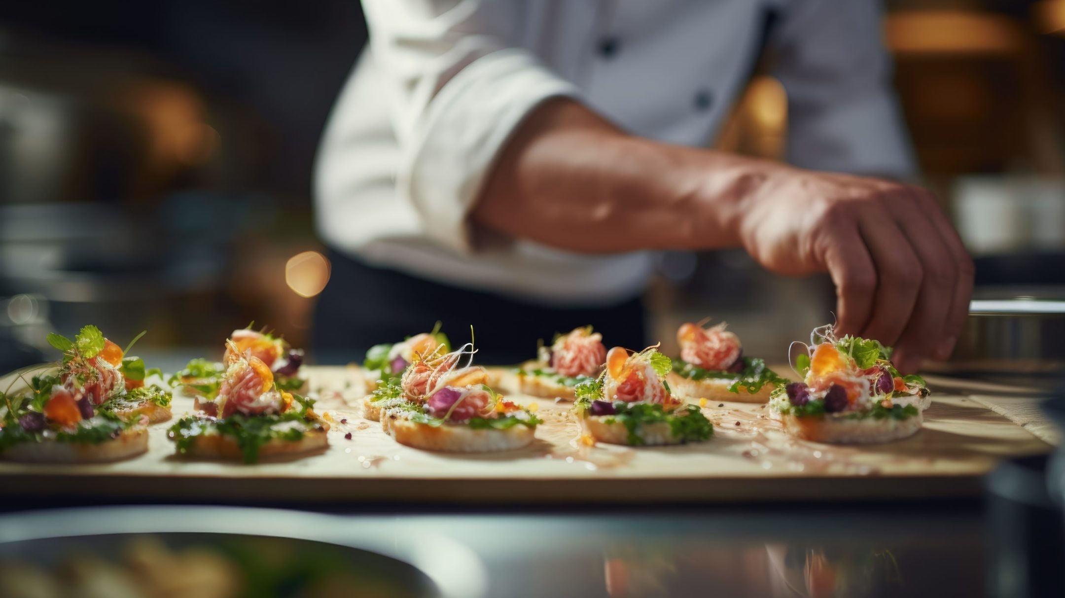 A chef in a white uniform carefully arranges gourmet appetizers topped with herbs and colorful ingredients on a wooden tray, preparing elegant cuisine for senior living in Carmichael’s professional kitchen.