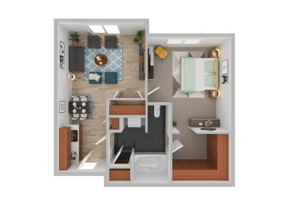 3D floor plan of a one-bedroom independent living apartment with a living room, dining area, kitchen, bathroom, and bedroom. Furniture includes a sofa, dining table, bed, and built-in closets. Rooms feature neutral colors and wood accents.