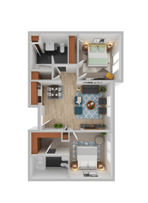 3D floor plan of a two-bedroom Independent Living apartment with a central living room, kitchen, dining area, two bathrooms, and closets; bedrooms are on opposite sides with windows, and furniture is neatly arranged throughout.