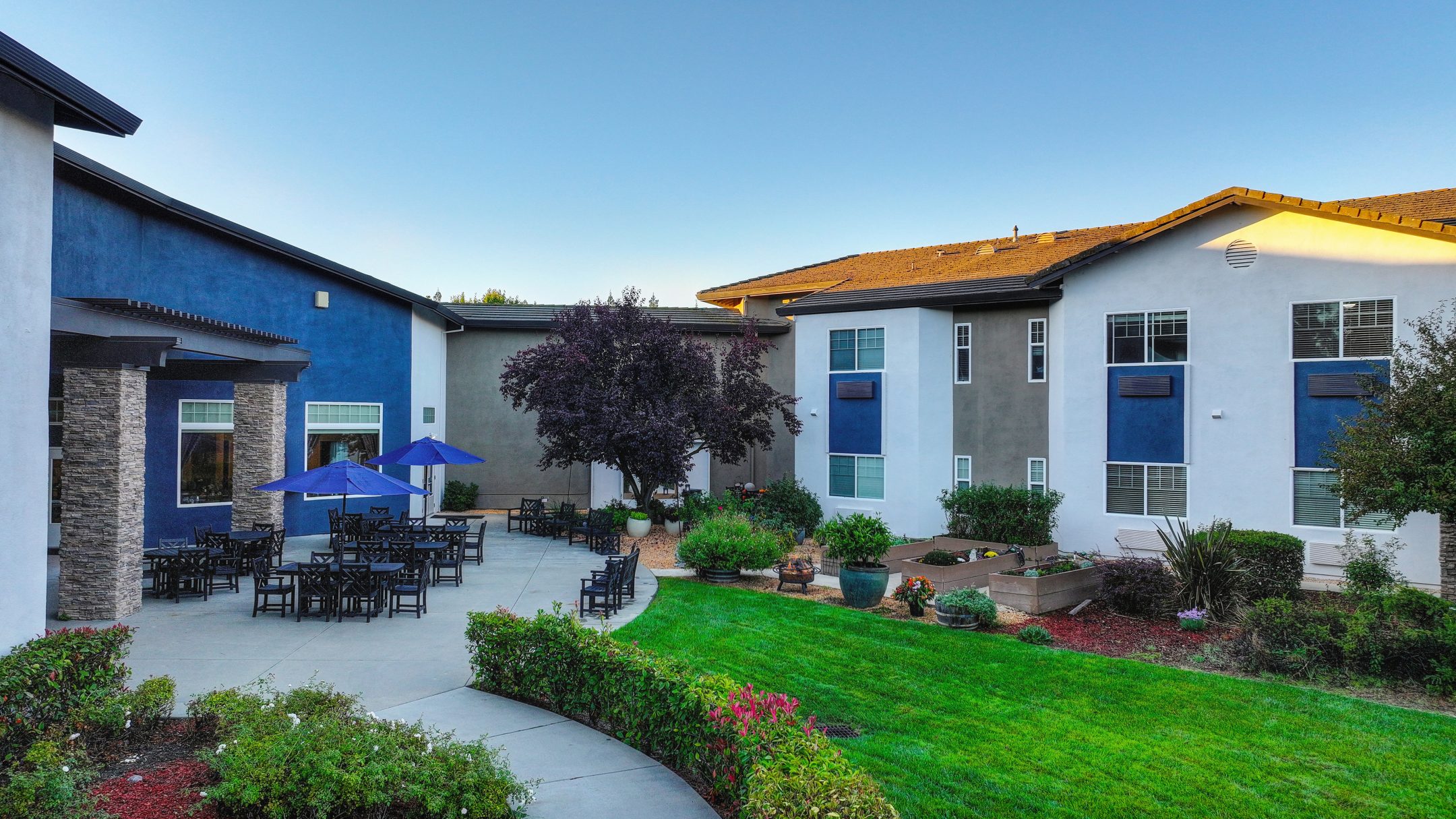 A courtyard at Eskaton Granite Bay senior living features patio tables, blue umbrellas, and chairs nestled between modern buildings, surrounded by green grass, lush plants, and trees under a clear blue sky.