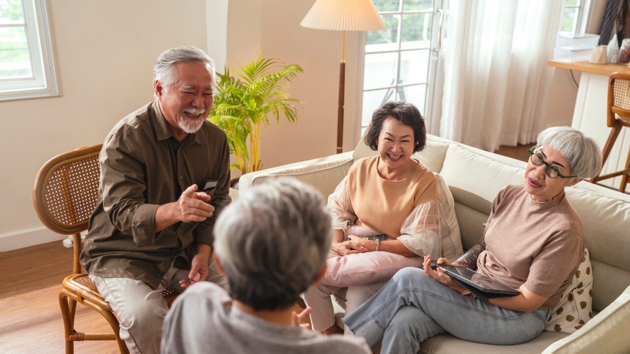 Four older adults sit together in a bright living room, chatting and smiling. One man gestures while talking as part of a Parkinson's Support group, while three women listen—one holding a tablet—in a warm and friendly atmosphere.