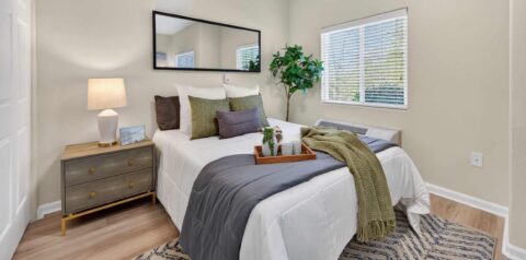 A cozy bedroom with a neatly made bed, green and gray pillows, a green throw, a bedside table with a lamp, a potted plant, a large mirror, and a window with blinds letting in natural light.