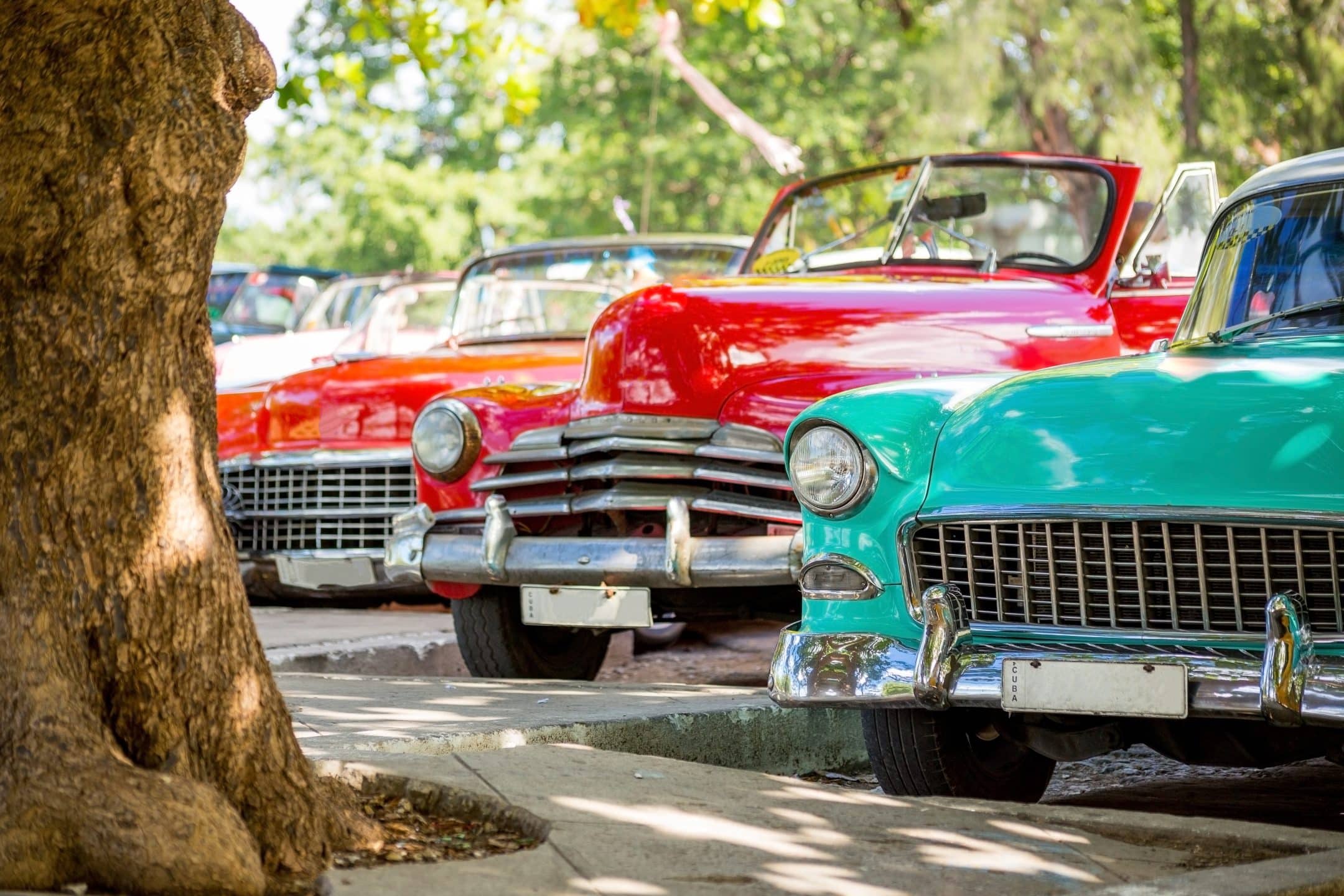 Three colorful vintage cars—red, orange, and turquoise—are parked side by side under a tree on a sunny day at the Coffee & Cars Open House, with leafy green trees visible in the background.