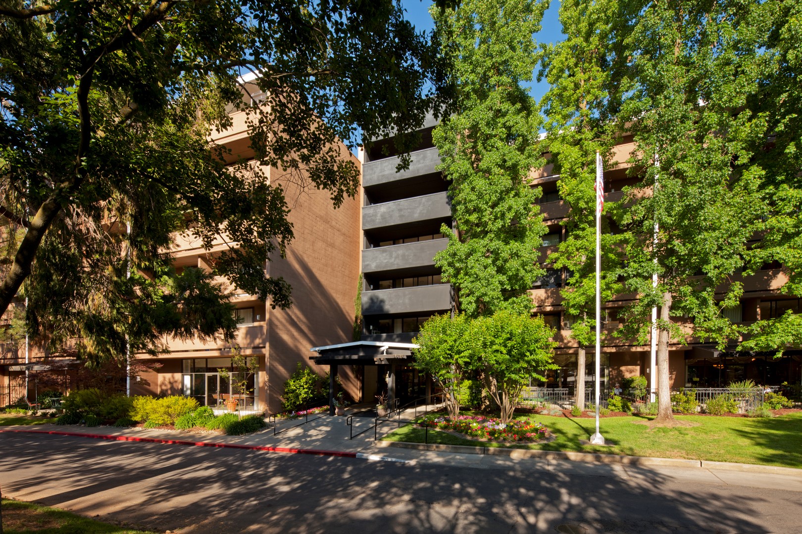 A multi-story office building with large windows is surrounded by tall, leafy trees and landscaped greenery on a sunny day. A flagpole and walkway lead to the main entrance.