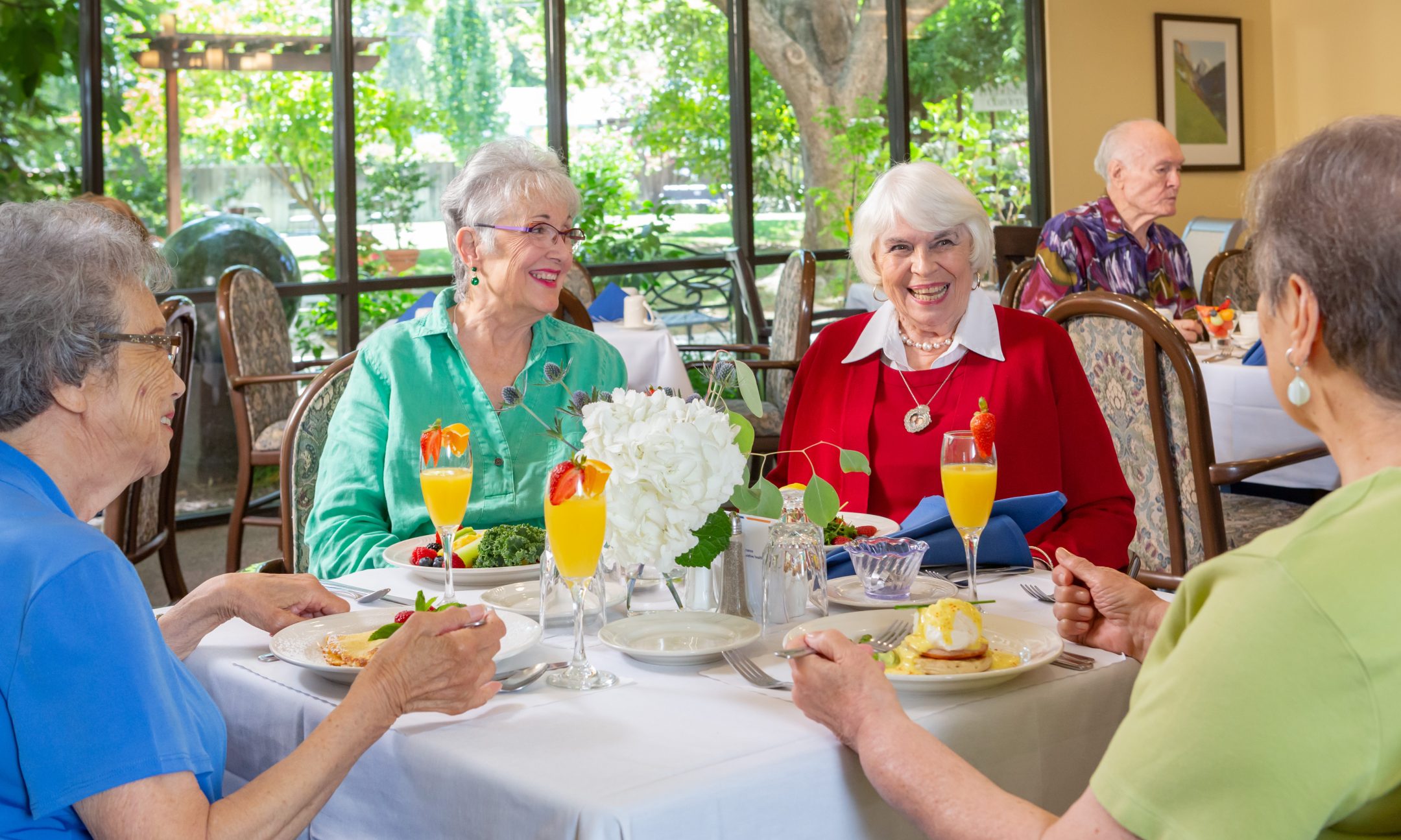 Four older adults sit at a restaurant table, smiling and chatting over a meal. The table is set with food, drinks, and a floral centerpiece. Large windows reveal a green, leafy garden outside.