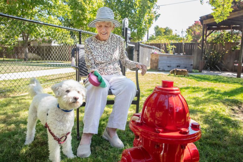 An elderly woman in a sunhat sits on a chair in a sunny yard at Eskaton Land Park, smiling at a white dog on a leash by a bright red fire hydrant, with green trees and a fence in the background—a glimpse of vibrant lifestyle at Eskaton Land Park.