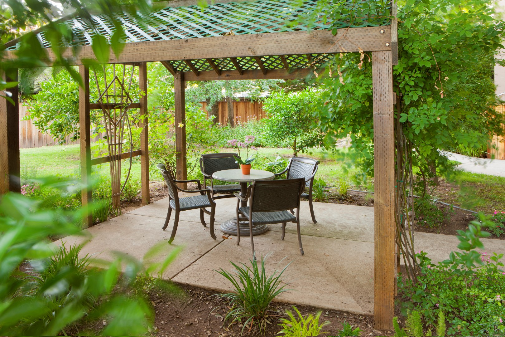 A wooden pergola with a lattice roof covers a round table and four chairs on a concrete patio, surrounded by lush green plants and a grassy yard. A small potted plant sits on the table.
