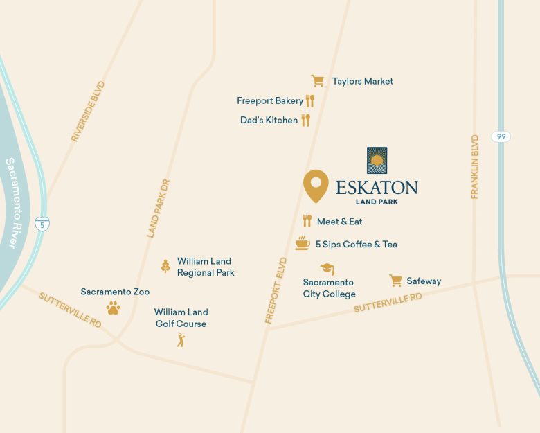 A simple map showing the location of Eskaton Land Park in Sacramento, CA, and nearby landmarks, as well as points of interest like Eskaton Village Placerville senior living, the Sacramento Zoo, William Land Regional Park, and local cafes.