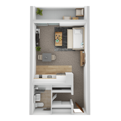 3D floor plan of a small apartment featuring Eskaton Land Park Living Options, with a bedroom, living and dining areas combined, kitchen, bathroom, closets, and a cozy balcony with two chairs and plants in a compact rectangular layout.