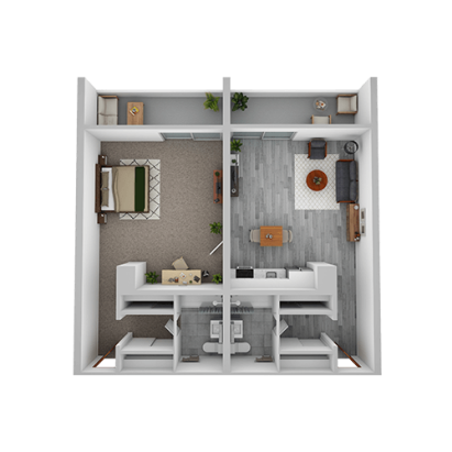3D floor plan of a one-bedroom apartment showcasing Eskaton Land Park Living Options, featuring a bedroom on the left, living room on the right, central kitchen and dining area, plus bathroom and closets at the bottom center.