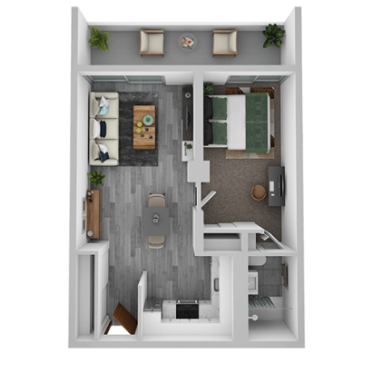 3D floor plan of a one-bedroom apartment showcasing Eskaton Land Park Living Options, featuring a modern living room, kitchen with dining area, bathroom, bedroom, and a balcony with two chairs and a small table in a compact layout.