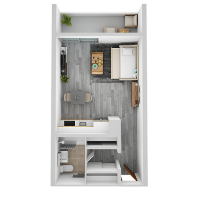 Top-down view of a small studio apartment layout showcasing Eskaton Land Park Living Options, featuring a bedroom, living area, kitchenette, bathroom, and a cozy balcony with plants in an open-plan rectangular design.