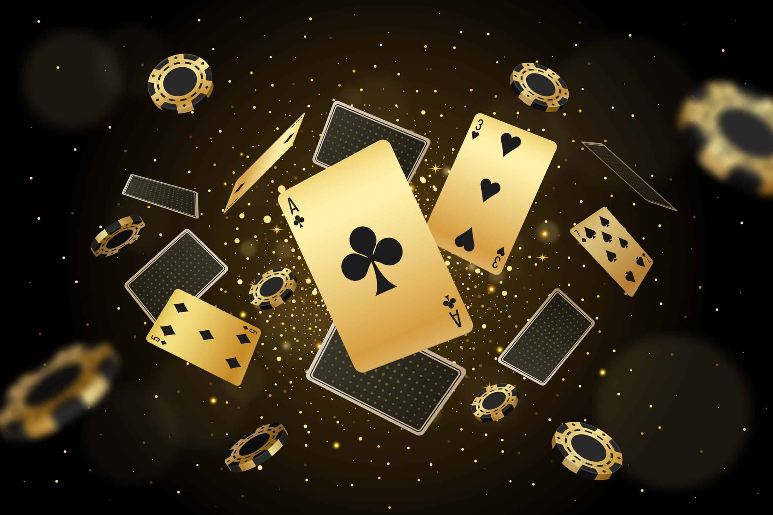 Gold poker chips and playing cards, including the ace of clubs, three of spades, and four of diamonds, float against a sparkling black and gold background, creating a dynamic Casino for a Cause-themed scene.