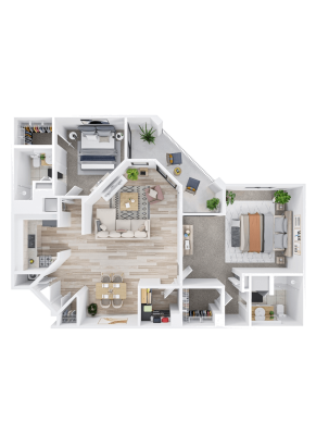 3D floor plan of a modern apartment designed for Independent Living featuring two bedrooms, two bathrooms, an open living and dining area, kitchen, laundry room, walk-in closets, and a balcony with plants. Neutral decor and light wood flooring throughout.