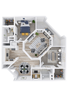 3D floor plan of a modern two-bedroom apartment designed for Independent Living, featuring two bathrooms, a spacious living room, kitchen, dining area, and two walk-in closets. Neutral colors and contemporary furnishings complete the layout.