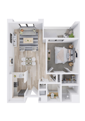 3D floor plan of a one-bedroom apartment designed for independent living, featuring an open kitchen, dining table, living area, bedroom with balcony access, bathroom, laundry area, walk-in closet, and light wood flooring throughout.