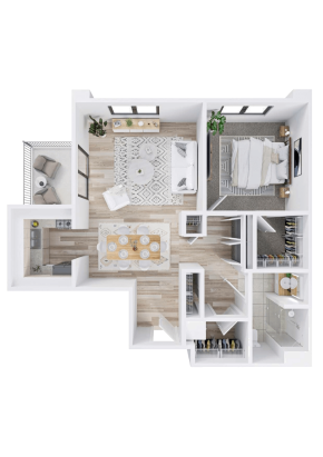 A 3D floor plan of a modern one-bedroom apartment designed for independent living, featuring an open living and dining area, kitchen, bathroom, bedroom, balcony, and multiple closets—all in neutral tones with wood accents.