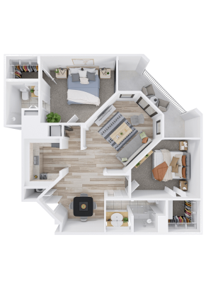 Top-down view of a modern two-bedroom apartment floor plan designed for Independent Living, featuring two bathrooms, an open living and dining area, a kitchen, multiple closets, and a balcony. Rooms are furnished in neutral tones for a comfortable lifestyle.