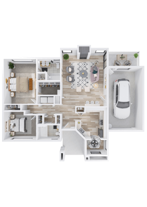 3D floor plan of a modern Independent Living home showing two bedrooms, two bathrooms, open living/dining area, kitchen, laundry room, walk-in closets, patio, and single-car garage. Neutral decor and wood flooring enhance the inviting space.