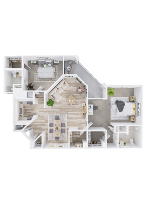 3D floor plan of a modern two-bedroom apartment designed for Independent Living, featuring two bathrooms, a kitchen, dining area, living room, laundry closet, study nook, ample storage, neutral decor, and wood-style flooring.