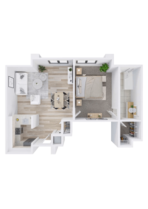 Top-down view of a one-bedroom apartment floor plan designed for Independent Living, featuring a living room, kitchen, bathroom, bedroom, closets, and modern furnishings with light-colored décor throughout.