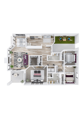 A 3D floor plan of a modern Independent Living apartment featuring two bedrooms, two bathrooms, a living room, kitchen, dining area, laundry room, two outdoor patios, and an office space. Rooms are furnished and decorated in neutral tones.