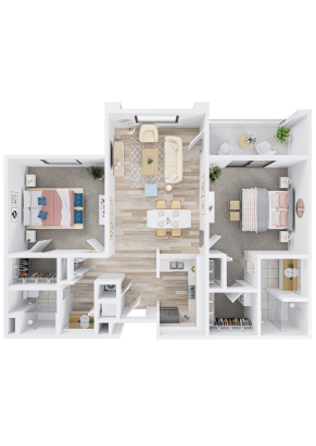 3D floor plan of an Independent Living two-bedroom, two-bathroom apartment with an open living room, dining area, kitchen, walk-in closets, laundry space, and balcony. Bedrooms are on opposite sides for extra privacy.