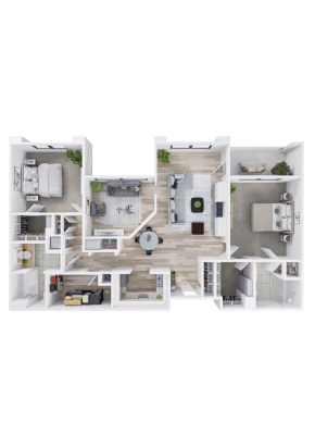 3D floor plan of an apartment designed for Independent Living, featuring two bedrooms, two bathrooms, a kitchen, dining area, living room, laundry room, and a balcony. Furnished rooms are separated by white walls with wood and carpet flooring.