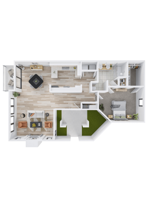 3D floor plan of a modern one-bedroom apartment designed for independent living, featuring an open living room and kitchen, dining area, bathroom, walk-in closet, bedroom, and two small grassy outdoor areas. Light wood and white décor throughout.