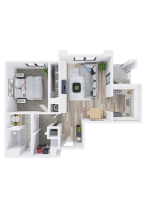 3D floor plan of a one-bedroom apartment designed for Independent Living, featuring a bedroom, bathroom, laundry area, open living and dining room, kitchen, and small balcony. Modern furniture and wood flooring highlight the main areas.