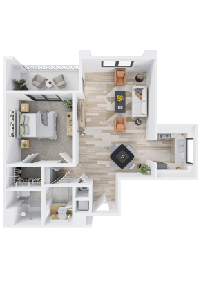 A 3D floor plan of a one-bedroom apartment designed for Independent Living, featuring an open living room, dining area, kitchen, bedroom with a balcony, bathroom, modern furniture, and light wood flooring.
