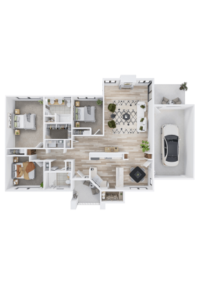 A 3D floor plan of a single-story home designed for Independent Living, featuring three bedrooms, two bathrooms, a kitchen, dining area, living room, laundry room, and an attached garage with one car parked inside.