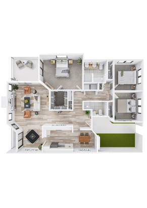 3D floor plan of a modern three-bedroom Independent Living apartment featuring a living room, kitchen, dining area, two bathrooms, laundry room, patio, and enclosed green garden area. The layout shows contemporary furnishings and wood flooring.