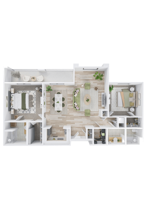A 3D floor plan illustrating an Independent Living apartment with two bedrooms, two bathrooms, a living room, dining area, kitchen, laundry room, and balcony. The main rooms feature neutral and green furnishings.