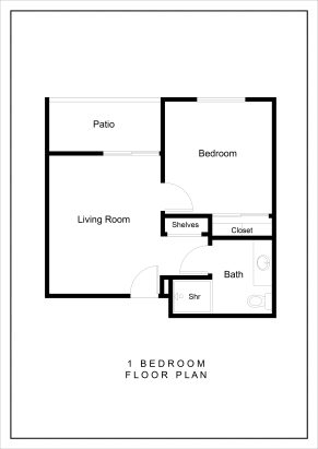 Black and white floor plan for a one-bedroom assisted living apartment showing a patio, living room, bedroom, shelves, closet, bathroom with shower. The entry is through the living room. All rooms are clearly labeled.