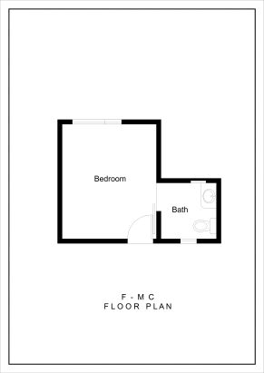 Simple floor plan labeled F - MC Floor Plan showing a bedroom with a single door leading to a bath. The bath includes a toilet and a sink. Both rooms have exterior walls on two sides.