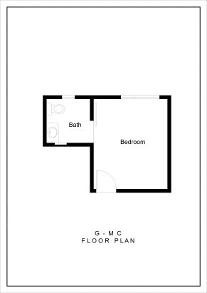 Simple floor plan showing a bedroom with a door leading to a small bathroom that contains a toilet and bathtub. The floor plan is labeled G-MC FLOOR PLAN at the bottom.