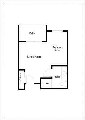 Black and white floor plan designed for assisted living, featuring a living room, bedroom area, bath with shower, shelves near the entrance, and a patio accessible from the living room.