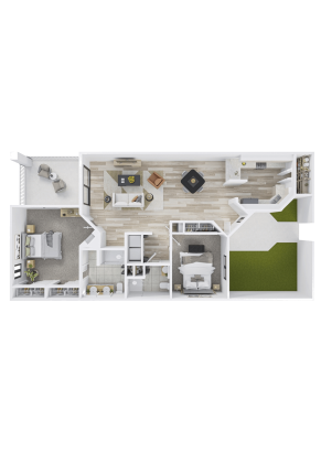 3D floor plan of an apartment designed for Independent Living, featuring two bedrooms, a living room, kitchen, dining area, two bathrooms, a balcony, and a spacious outdoor green space. Furniture placement is shown throughout the rooms.