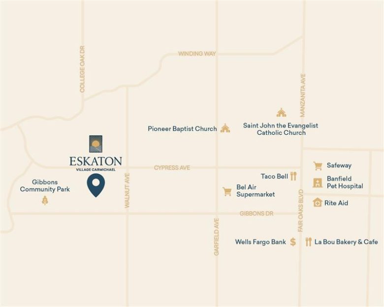 A simple map on the Homepage displays Eskaton Village Carmichael and nearby landmarks, including churches, grocery stores, restaurants, a bank, a pet hospital, and a pharmacy—all clearly labeled along major streets.