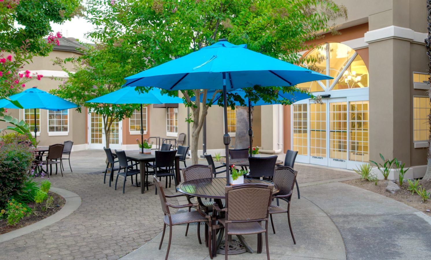 Sunny outdoor patio with round tables and brown chairs under bright blue umbrellas, surrounded by greenery and flowers, perfect for enjoying a delightful culinary experience next to a building with large windows and glass doors.