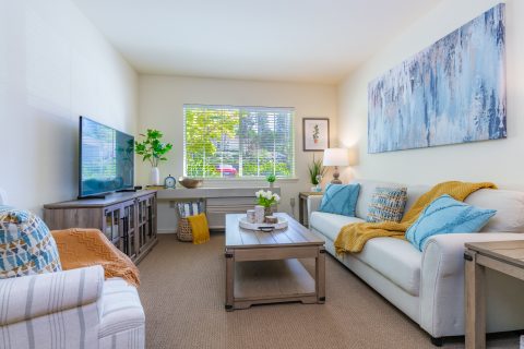 A bright living room at Eskaton Village Grass Valley features a white sofa with blue and yellow cushions, a wooden coffee table, TV, armchair, and large window with blinds. Abstract art hangs above the sofa, while plants decorate the space.