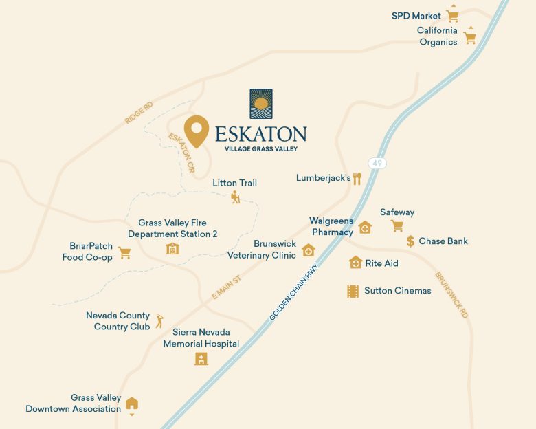 Illustrated map showing Eskaton Village Grass Valley and nearby locations, plus a reference to Eskaton Village Placerville senior living, with grocery stores, pharmacies, hospital, restaurants, a bank, cinema, and country club near Highway 49 and Ridge Rd.
