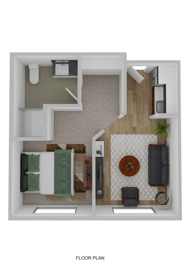 3D-rendered floor plan of an Eskaton Village Grass Valley living apartment featuring one bedroom, one bathroom, a kitchen, and a modern open living area with a sofa, coffee table, TV, and dining table.
