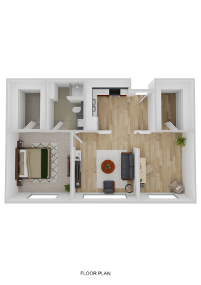 3D floor plan of an Eskaton Village Placerville independent living one-bedroom apartment with a bedroom, bathroom, galley kitchen, and open living-dining area. The bedroom has a double bed, and the living room features a sofa and coffee table.